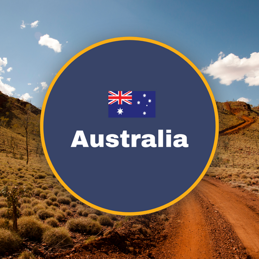 Australian countryside, with name and flag